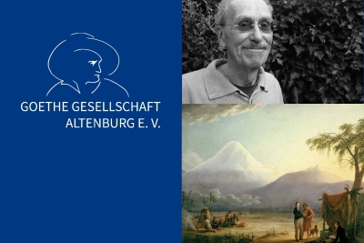 oben: Dr. Dieter Strauss, ehemaliger Leiter von Goethe-Instituten in Südamerika, unten: "Humboldt und Bonpland am Fuß des Vulkans Chimborazo" 