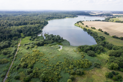 Blick auf die Talsperre Schömbach von Süd nach Nord. Besonders im Bereich der Stauwurzel im Süden schließt sich ein Mosaik aus wertvollen Feucht- und Nassgrünländern, Weidengebüschen und den Randbereichen des Leinawald an.