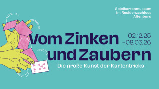 Ausstellungsgrafik mit Illustration von zwei mit Karten spielenden Händen
